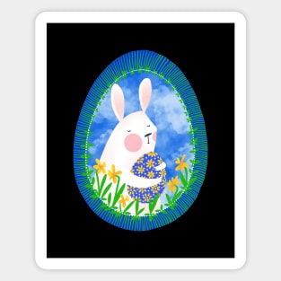 Cute white bunny with floral easter egg decoration on blue sky, version 2 Magnet